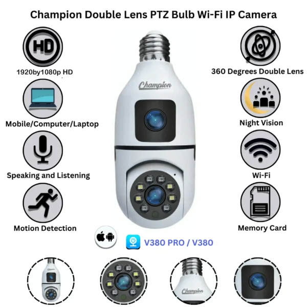 V380 Champion Double Lens PTZ Bulb Wi-Fi IP Camera - Image 2