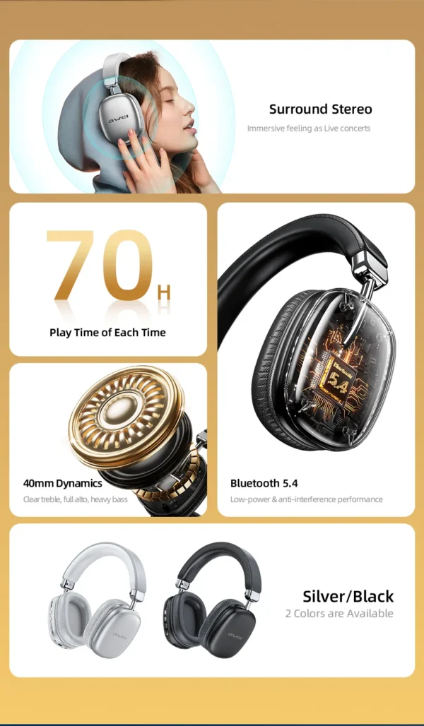 Awei AT7 Bluetooth Headphone with 70Hr Playtime - Image 4